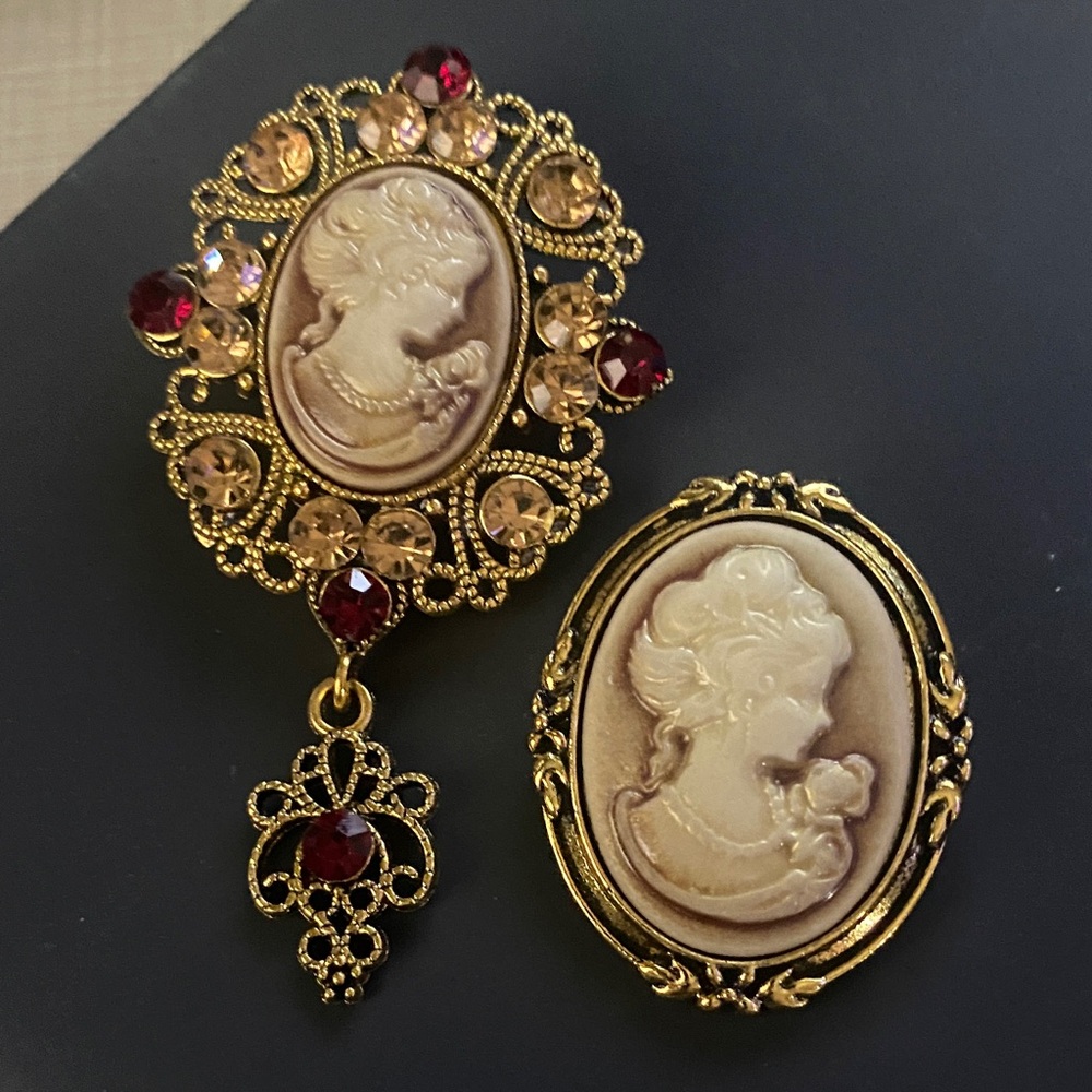 Bundle of 2 Gold Cameo Brooch with Ivory Center and Red Stone Accents